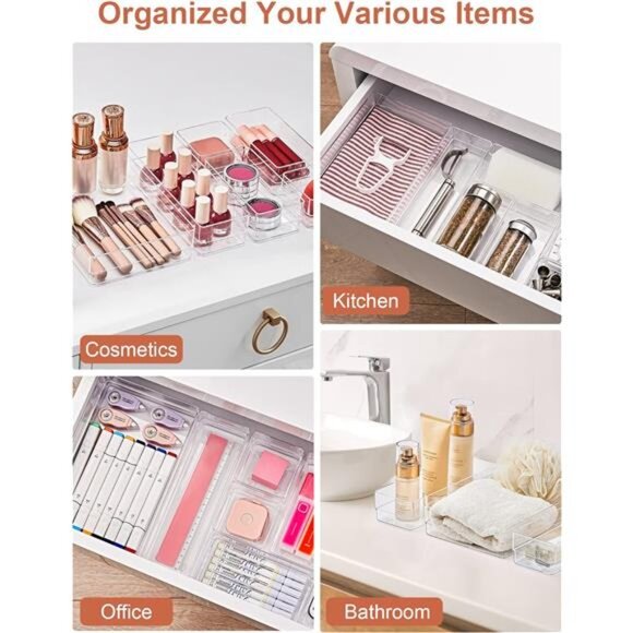 22 Piece Drawer Organizer Trays Clear Storage Bins Desk Makeup Kitchen Jewelry - Picture 6 of 7